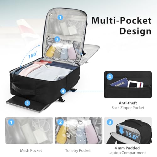 Fmeida Travel Backpack for Men Airplane Flight Approved Personal Item Bag - color: Black, size: Large