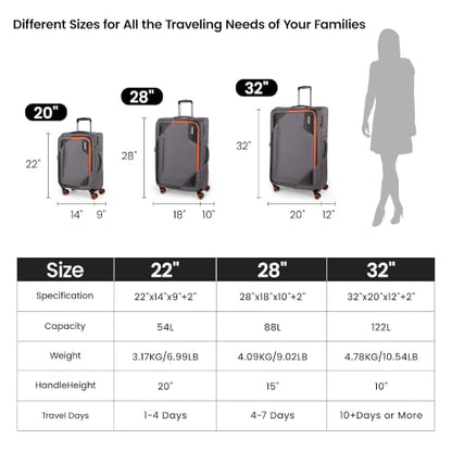 3-Piece Softside Expandable Luggage Set w/Front Open Pocket - color: Grey, size: 3-Piece Set (22"/28"/32'')