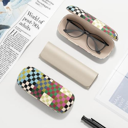 Eyeglasses Case, Hard Shell Protective Case for Glasses, Unisex for Women Men - color: Colorful Checkred
