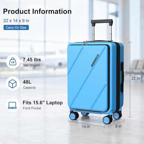 Carry On Luggage 22x14x9 Airline Approved with Front Pocket, Blue - color: Blue