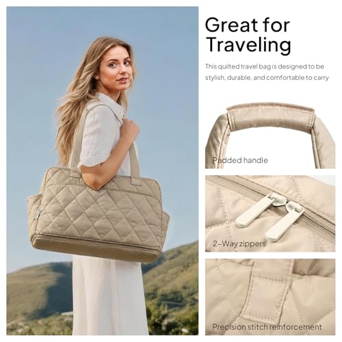 TOPEAST Duffel Bag for Women Travel, Expandable Quilted Duffle Weekender Overnight Bag with Adjustable Strap, Lightweight 33L Personal Item Bag Carry On for Gym Hospital - color: Camel