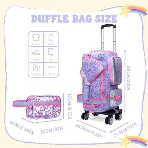 Girls Rolling Duffel Bag with Wheels - Travel Bag for Kids, Overnight, Dance & Gym Use with Shoe Compartment - color: Purple Love