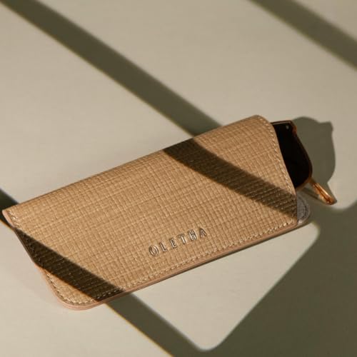 OLETHA Soft Glasses Case for Sunglasses, Readers & Eyeglasses, 2 Pack | Aesthetic slim faux leather pouch also fit eyeglasses; slip into a purse or handbag; microfiber cushion against scratches - color: Raffia-embossed, Wheat
