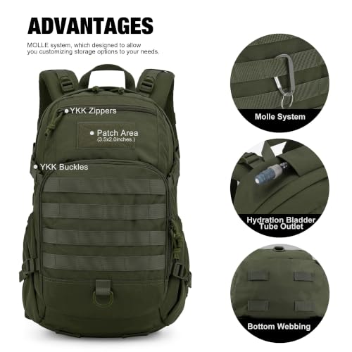 Mardingtop 소형 전술 백팩, Molle 하이킹 백팩, 배낭여행, 사이클링 및 자전거용, 15L/25L 백팩 - color: 아미 그린., size: 25L