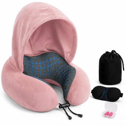 Travel Neck pillow for Airplane, with Large Hood Eye Mask Earplug and Bag - color: Pink