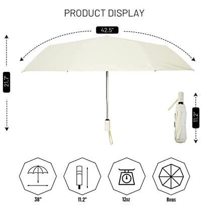 SY COMPACT Umbrella Automatic Travel Waterproof Light Folding Umbrellas Easy Carry for Women and Men - color: Creamy White