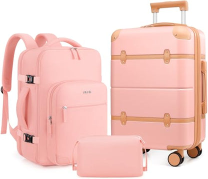 Expandable Carry On Luggage Set, 20In PC Hardside Suitcase with Backpack - color: Pink