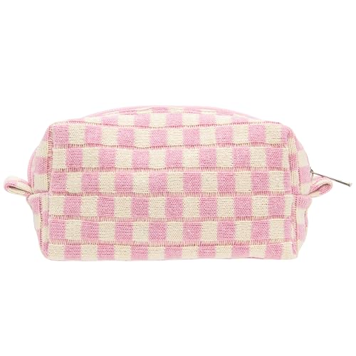 Checkered Makeup Bag for Purse, Small Travel Cosmetic Pouch,Pink Beige - color: Pink Beige