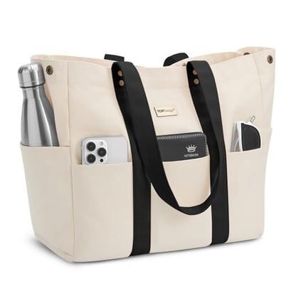 TOPDesign Heavy-Duty 16oz Canvas Tote Bag with 10 Pockets - color: Black/Beige