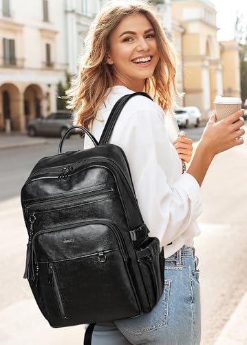 Shrrie 17 Inch Leather Laptop Backpack for Women with Giant Tumbler Holders - color: Black