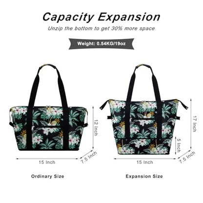 Expandable Duffel Bag for Women with Trolley Sleeve/Wet Pocket Weekender Travel Tote Large Carry On Overnight Luggage - color: Palm Tree