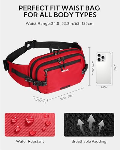 WATERFLY Fanny Pack Waist Bag: 3L Large RFID Anti-Theft for Travel - color: Red