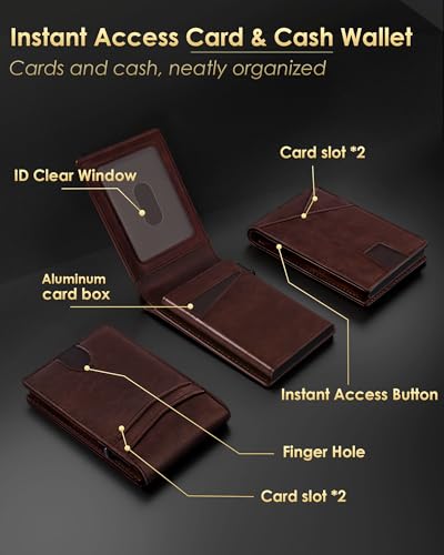 QLD Wallet for Men - RFID Blocking [Functional & Practical] Bifold Slim Minimalist Credit Card Holder Pop Up Metal Case with Cash Slot, Front Pocket with ID Window, Gift Boxed - color: Cognac