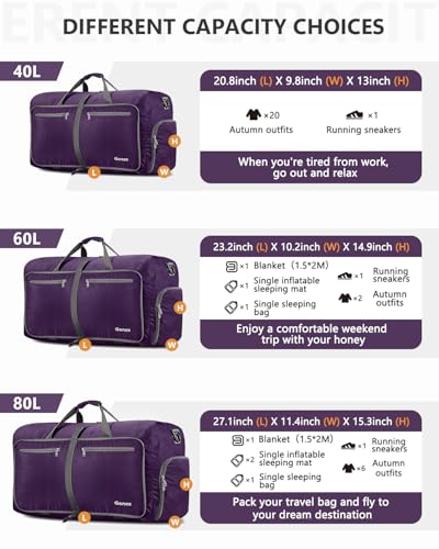 Gonex Foldable Travel Duffle Bag, Lightweight with Shoe Compartment - color: Purple, size: 40L