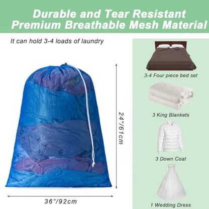 2 Pack Mesh Travel Laundry Bag 24" x 36"Extra Large Dirty Clothes Organizer - color: Blue+Blue, size: 24"x36"