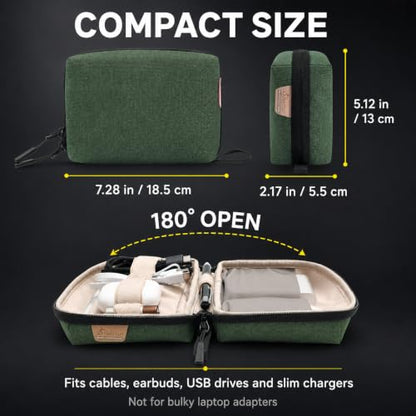 Electronics Travel Organizer, Compact Charger Case | Soft padded polyester helps protect cables, power banks, adapters and earbuds from light splashes and daily scratches - color: Green