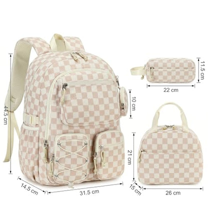 PiPiCat Backpack for Girls 4 in 1 Back to School Bookbag - color: K2 Checkered Beige