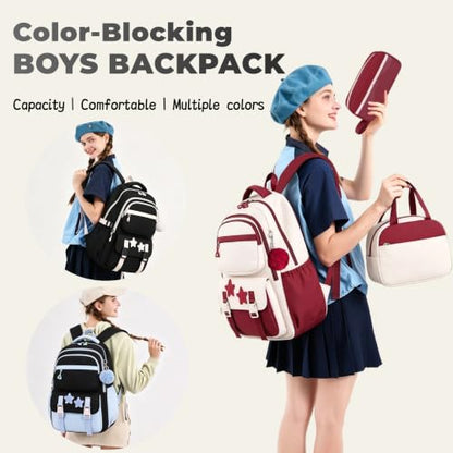 3Pcs Girls Backpack Set for Kids School Bag Bookbag with Star Pins - color: A008-3pcs Black+blue