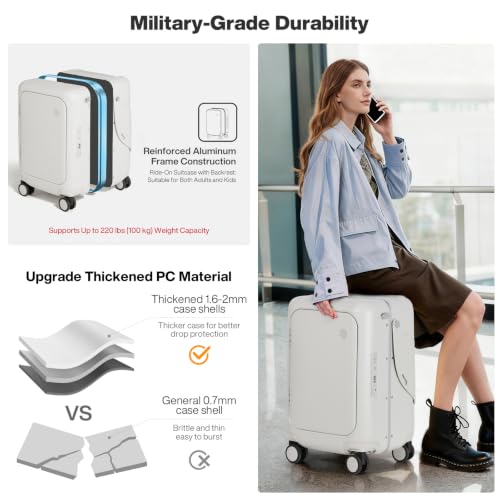 mixi 20 Inch Ride On Suitcase for Kids Luggage with Seat, Rose White - color: Rose White