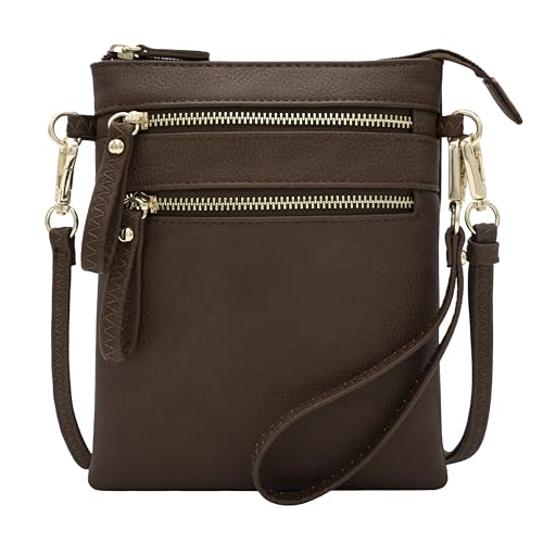 Solene Small Crossbody Bag for Women, Multi Zip Pockets with Detachable Wristlet, Lightweight Travel Purse, Cell Phone Pouch - color: Coffee