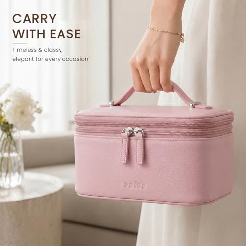 Prite 2 Pcs Makeup Bag Set Travel Cosmetic Case with Clear Toiletry Bag | Jewelry Organizer, Dual-Layer, Waterproof, for Women, Vegan Leather, Elastic Pocket, Zipper Pocket, Adjustable Divider - color: Pink