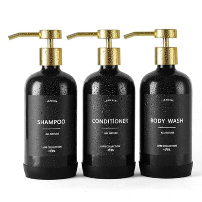 Shampoo and Conditioner Dispenser Set of 3 - color: Black Bottles + Gold Pumps
