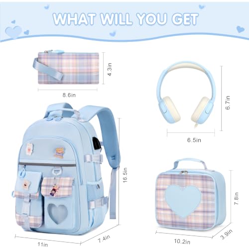 ACESAK Girls Backpack with Headphones, Insulated Lunch Box & Pencil Case - color: Blue