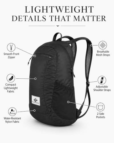 18L Packable Daypack, Lightweight Foldable Backpack for Travel, Airplane Carry On, Hiking, Camping, Water-Resistant Small Backpack for Men Women (Black) - color: Black