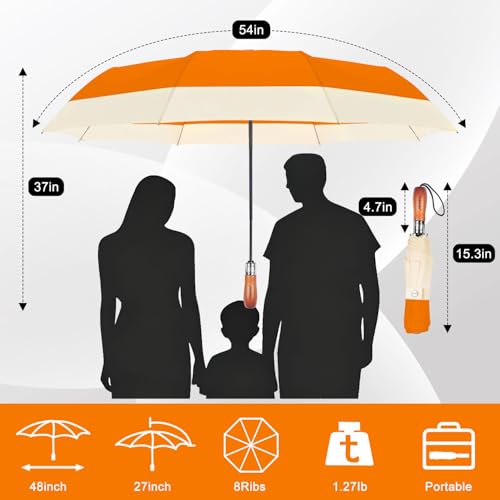Large Golf Umbrella 54 Inch Compact Folding Auto Close Wood Handle Rain - color: Orange