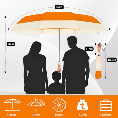 Large Golf Umbrella 54 Inch Compact Folding Auto Close Wood Handle Rain - color: Orange
