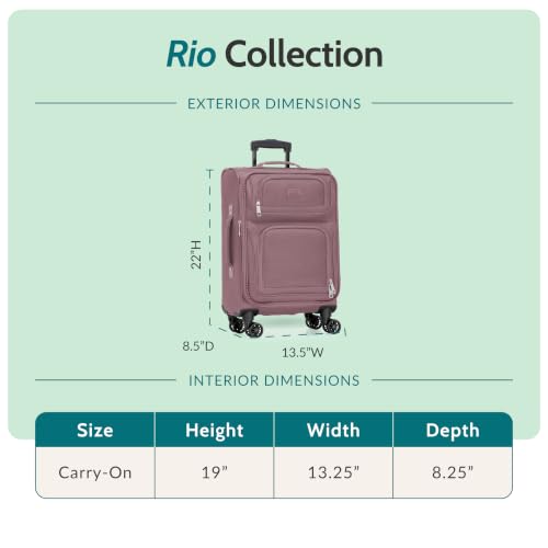 U.S. Traveler Rio Lightweight Softside Rolling Carry-on Suitcase, 4-Wheel Single, Mauve - color: Mauve, size: 22"