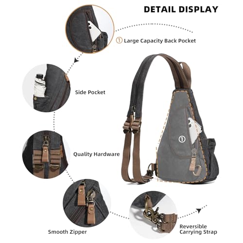 KL928 Canvas Sling Bag Small Crossbody Purse Casual Backpack for Men Women - color: Medium-black
