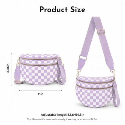 Checkerboard Crossbody Bag for Women, Expandable Plaid Belt Bag Nylon Fanny Pack with Multiple Pockets - color: Light Purple Checkered