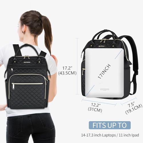 EMPSIGN 17 Inch Laptop Backpack for Women with Giant Tumbler Holder, Black - color: Quilted Black