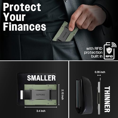 Slim Ridge Wallet for Men–Metal Minimalist RFID 1–21 Card Holder - color: Olive Green, style: Cash Strap