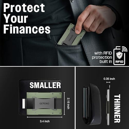 Slim Ridge Wallet for Men–Metal Minimalist RFID 1–21 Card Holder - color: Olive Green, style: Cash Strap