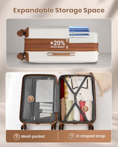 Kono 28 Inch Large Checked Luggage with Spinner Wheels Expandable TSA Lock - color: Cream White, size: 28"
