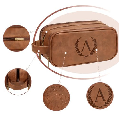 Travel Toiletry Bag For Mens PU Leather Engraved Initials (Yellow Brown E) - color: Yellow Brown, style: E