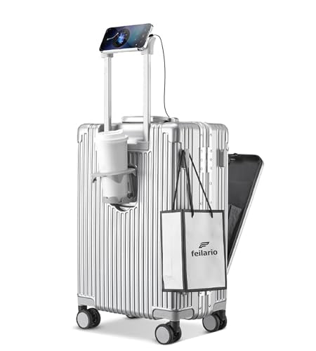 feilario PC Hardside Carry On Luggage, Aluminum Frame, TSA Lock, Cup Holder - color: A-Silver
