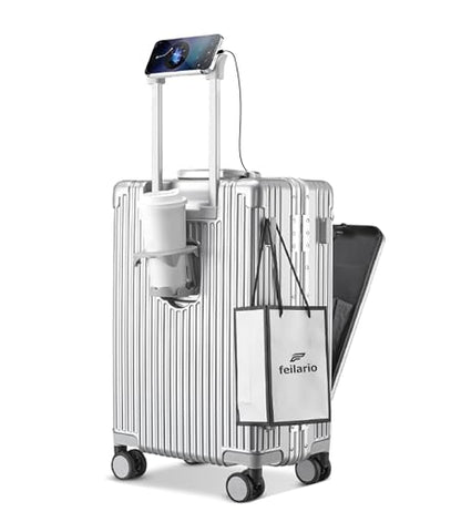 feilario PC Hardside Carry On Luggage, Aluminum Frame, TSA Lock, Cup Holder - color: A-Silver