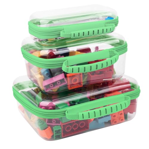3 PCS Clear Zipper Pouches with Handle, Diaper Bag Organizer, Clear Makeup Bags Hardshell Toy Storage Bins with Zipper Toiletry Pouch Bag for Cosmetics Pencils Puzzles, Building Blocks(Green) - color: Green-3pc