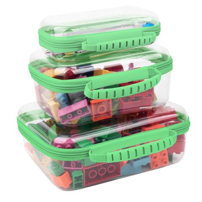 3 PCS Clear Zipper Pouches with Handle, Diaper Bag Organizer, Clear Makeup Bags Hardshell Toy Storage Bins with Zipper Toiletry Pouch Bag for Cosmetics Pencils Puzzles, Building Blocks(Green) - color: Green-3pc