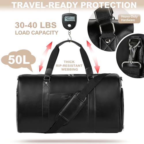3‑PCS Leather Duffle Bag for Travel, Weekender Overnight Gym Bag Men Women - color: Black