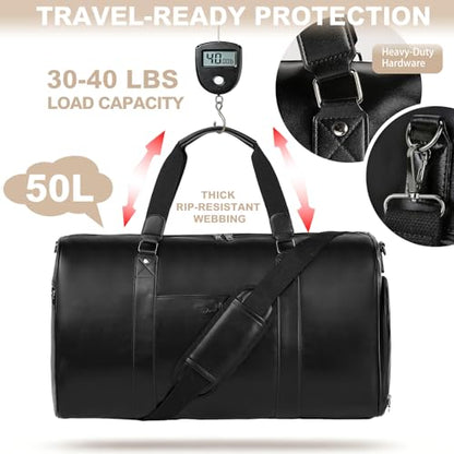 3‑PCS Leather Duffle Bag for Travel, Weekender Overnight Gym Bag Men Women - color: Black
