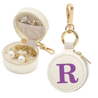 Mini Initial Travel Jewelry Case Ring Holder Gifts for Women Girls - color: Beige, size: Leather-R