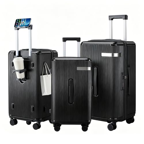 3 Piece Luggage Set with Spinner Wheels Cup Holder, Black - color: Black