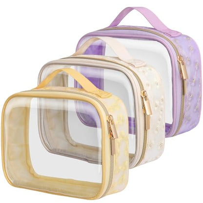 PACKISM Clear Makeup Bag Travel - TSA Approved Toiletry Bag, 3 Pack - color: Beige Yellow Purple, size: Medium Set (Patterned/ Lace Edition)