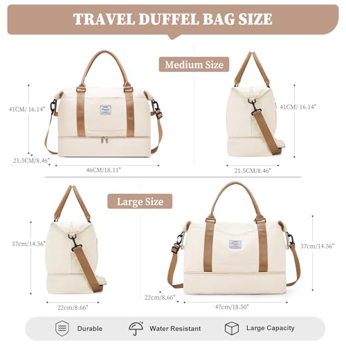 Weekender Bags for Women, Personal Item Travel Bag with Shoes Compartment - color: Beige & Brown, size: Medium