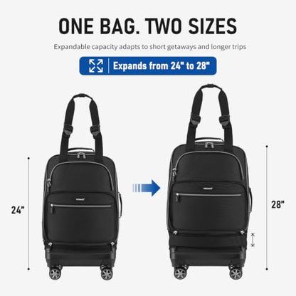 Verage Foldable Rolling Duffel Bag with Wheels, Expandable Travel Luggage - color: Black, size: Checked-In Pro (24-Inch Expands into 28-Inch)