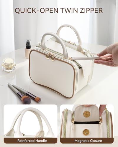 Prite Large Makeup Bag, Waterproof Travel Cosmetic Case with Brush Holder - color: Beige, size: Medium
